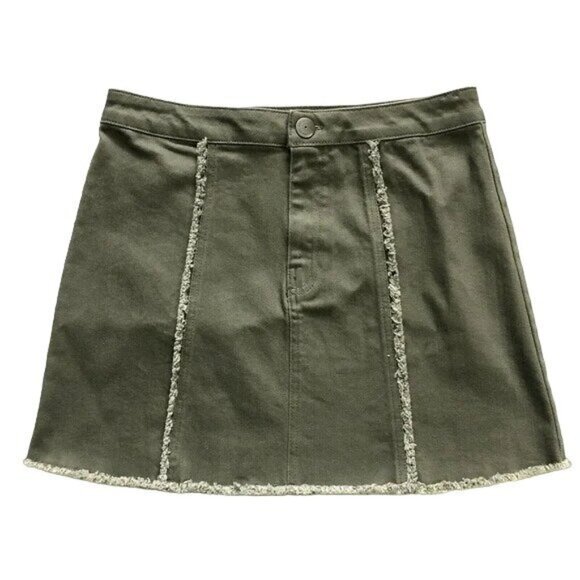 BCBGENERATION Womens Skirt‎ SZ 23 Dusty Olive Raw Fringe Frayed Hem Trim A-Line - Picture 2 of 6